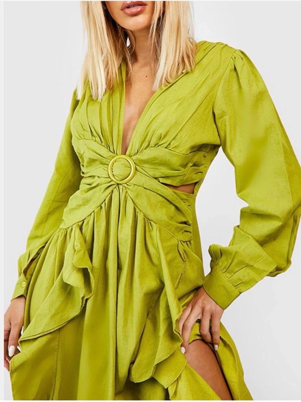 Boohoo Olive-Green Ruffle Maxi Dress with Ring Front